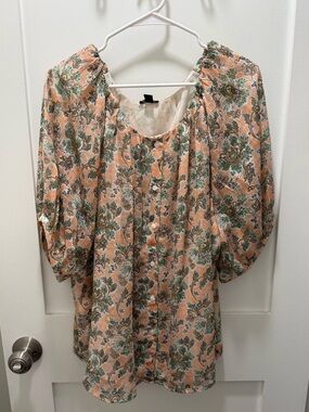 Ann Taylor Peach Floral Print Scoop Neck Puff Sleeve Sheer Lined Blouse